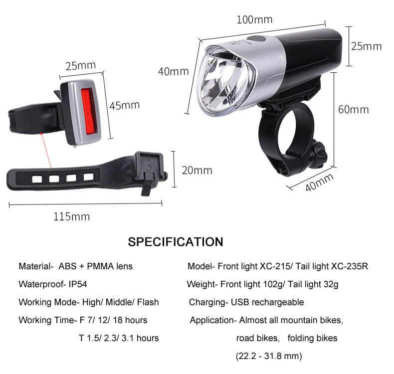 rechargeable light bicycle front light and and tail lights