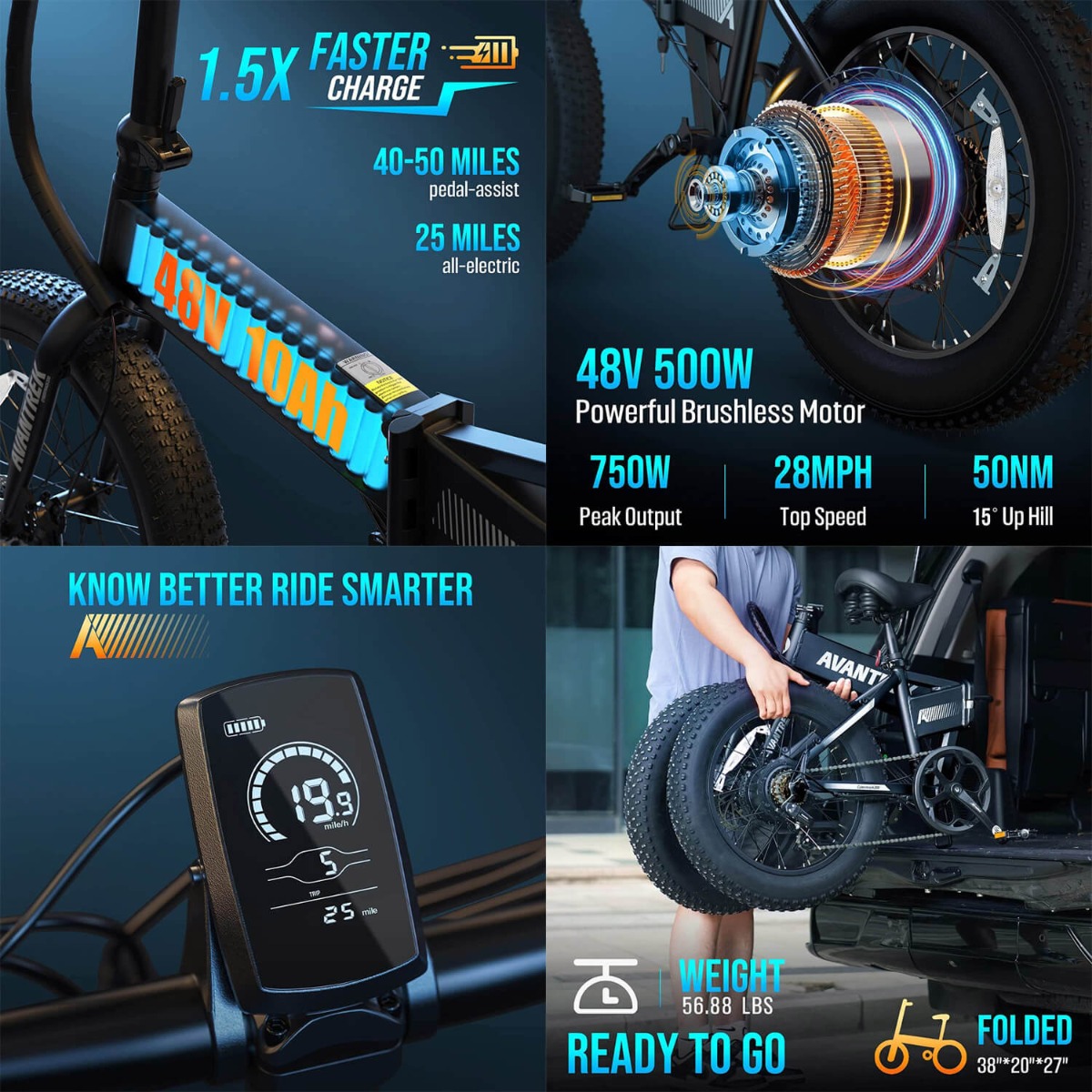 20 inch fat tire electric bike 48V 500W folding ebike